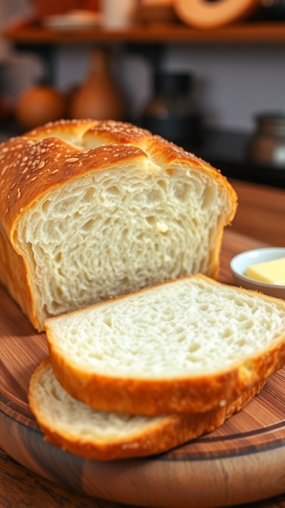 A golden brown homemade white bread loaf sliced on a wooden board with butter.